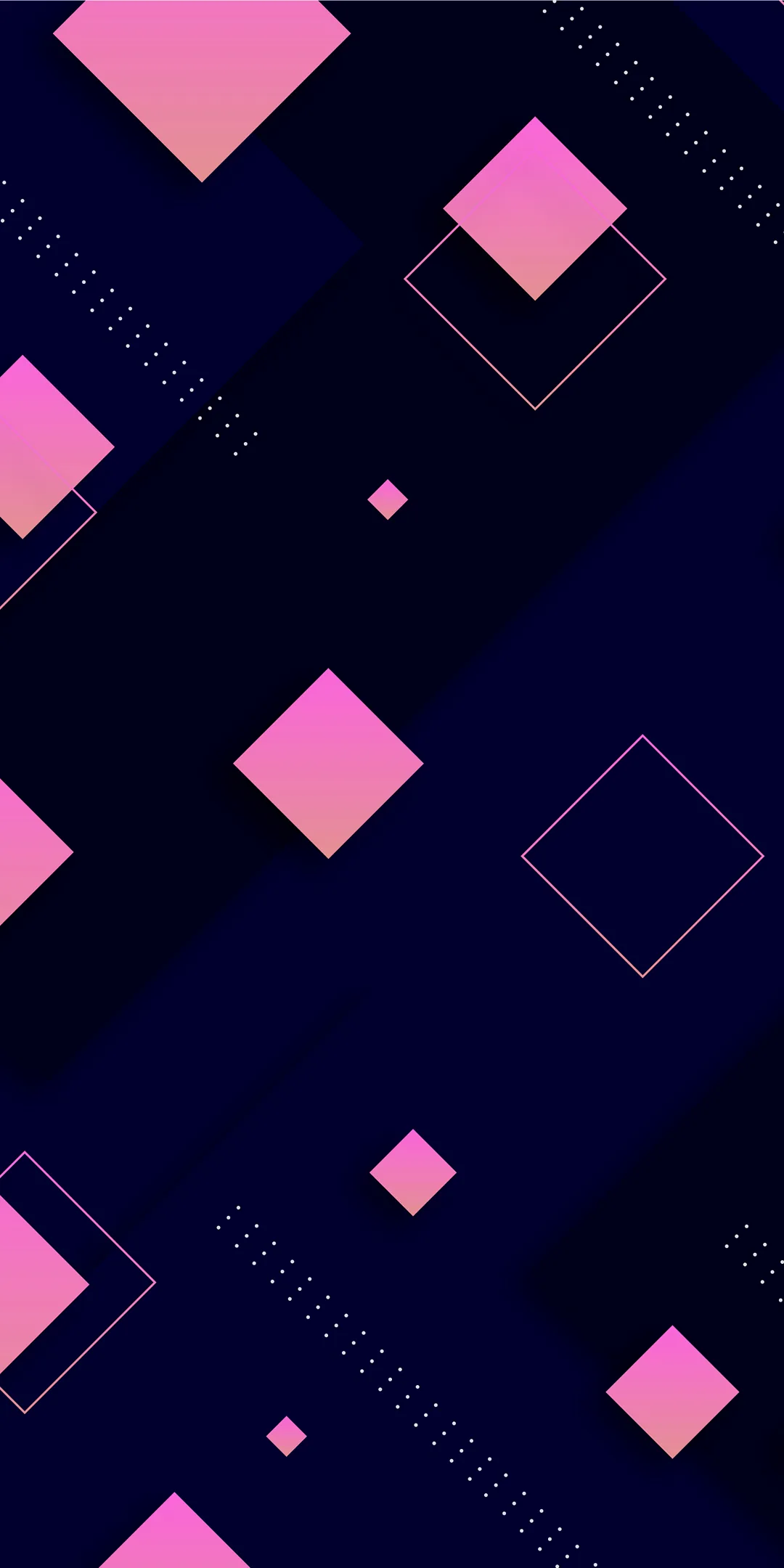 Pink squares turned on their points sit at different sizes over deep navy, some filled solid and others left as thin outlines.