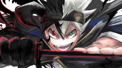 Asta lunges with his sword driven toward the lower left, teeth bared between one red and one green eye, the sketchy slate background left rough and pale.