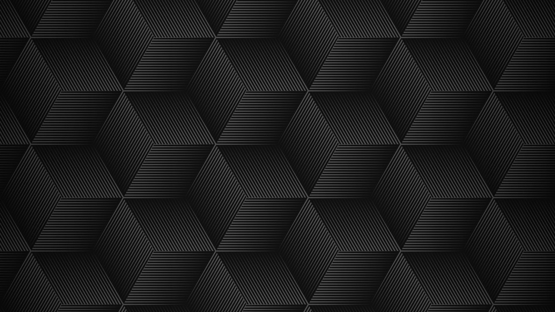 Fine hatched lines build a repeating tumbling-block grid in near-black graphite, the tiling dimming toward the corners.