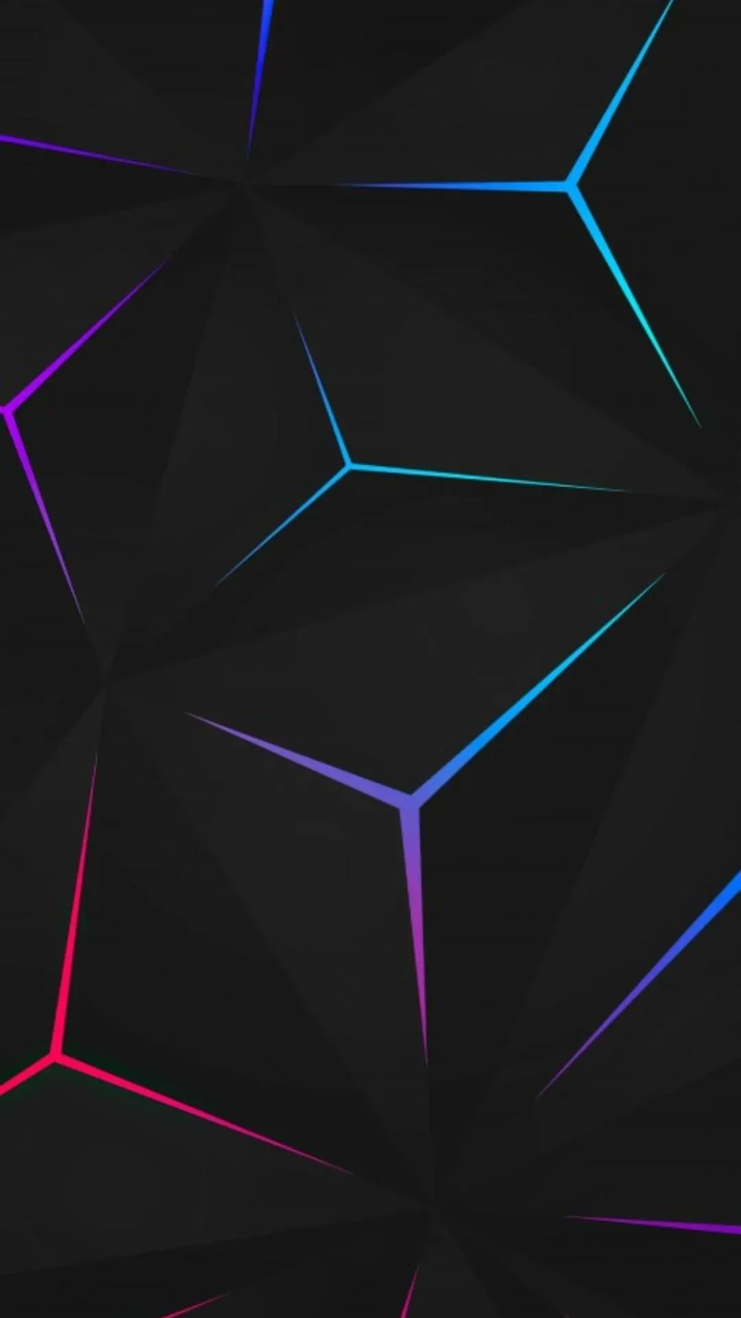 Charcoal polygon panels fit together with glowing seams running along the gaps, the light shifting from magenta at the bottom to cyan near the top.