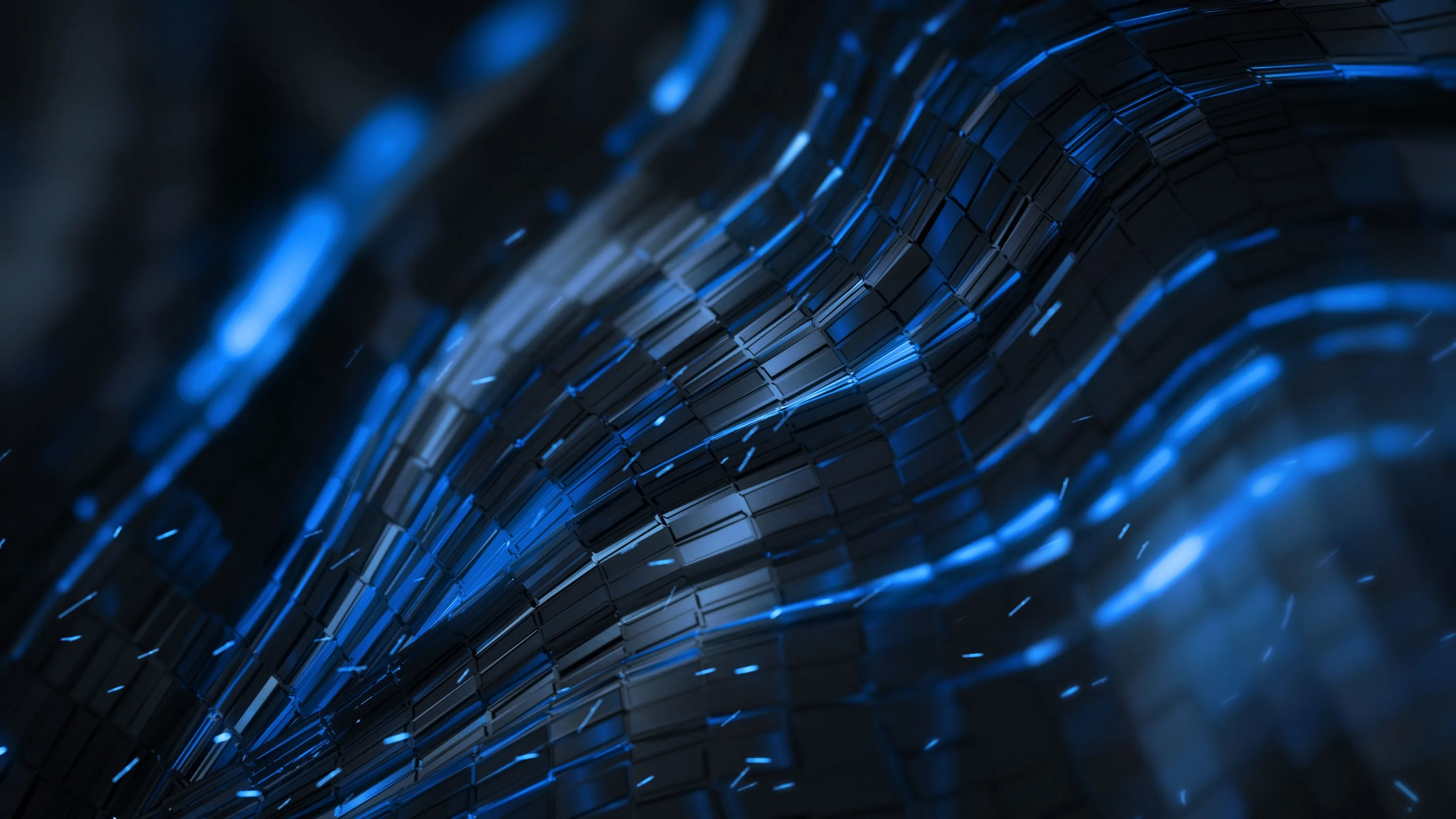 Bundled filaments sweep diagonally through the dark, each strand carrying a bright blue highlight along its length.