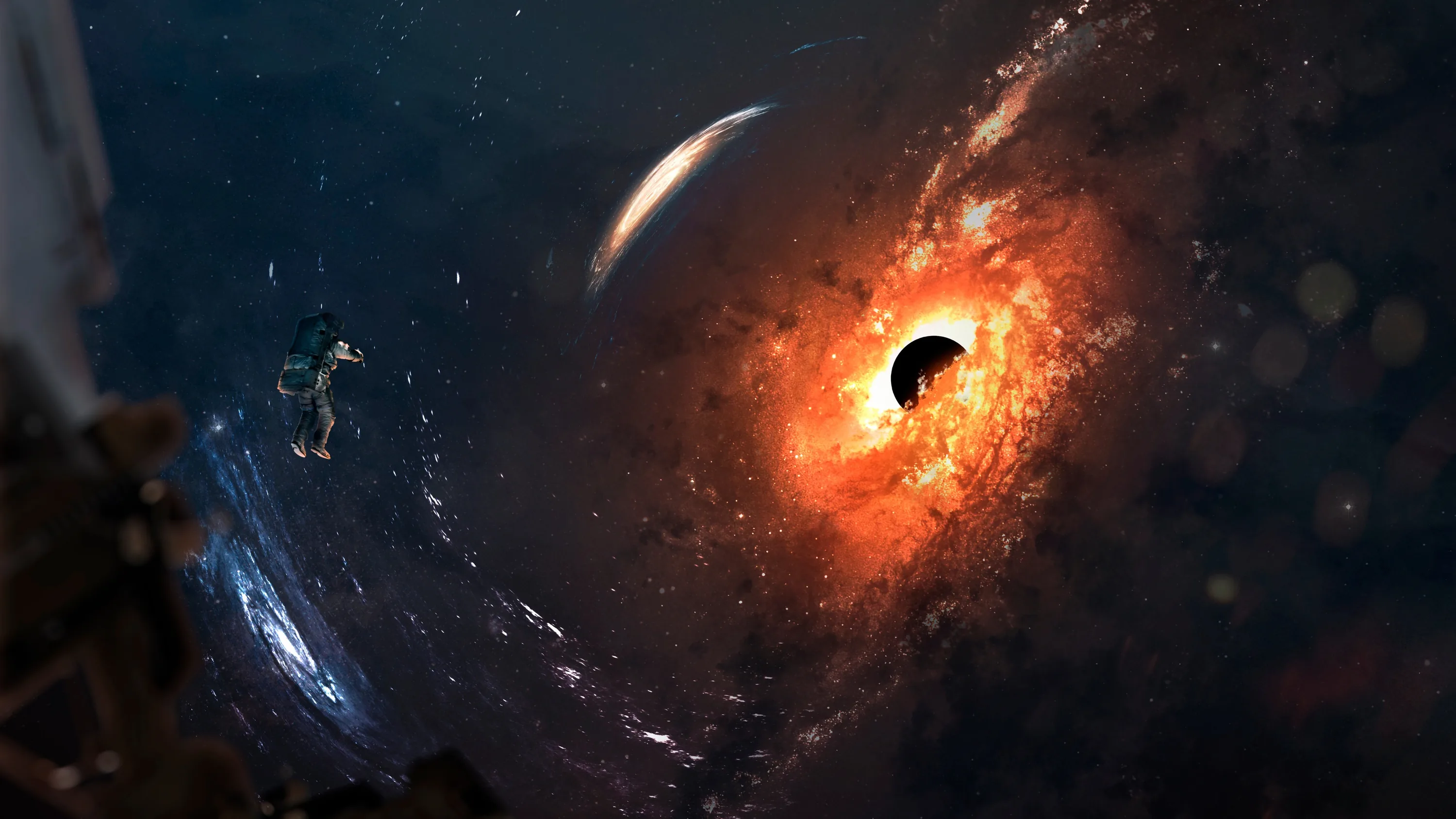 A dark sphere sits in a ring of burning orange dust, a blue spiral galaxy drifting behind it and rock breaking into the left edge.
