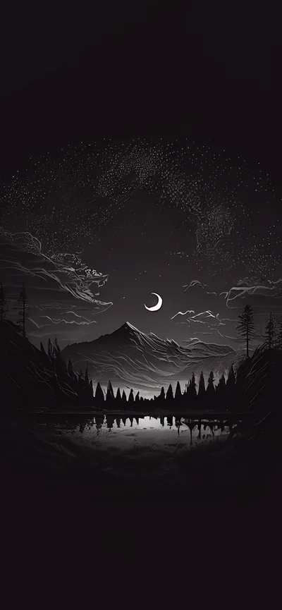 A small crescent hangs above layered hills, its light laid out in a narrow strip across the water and treeline below.