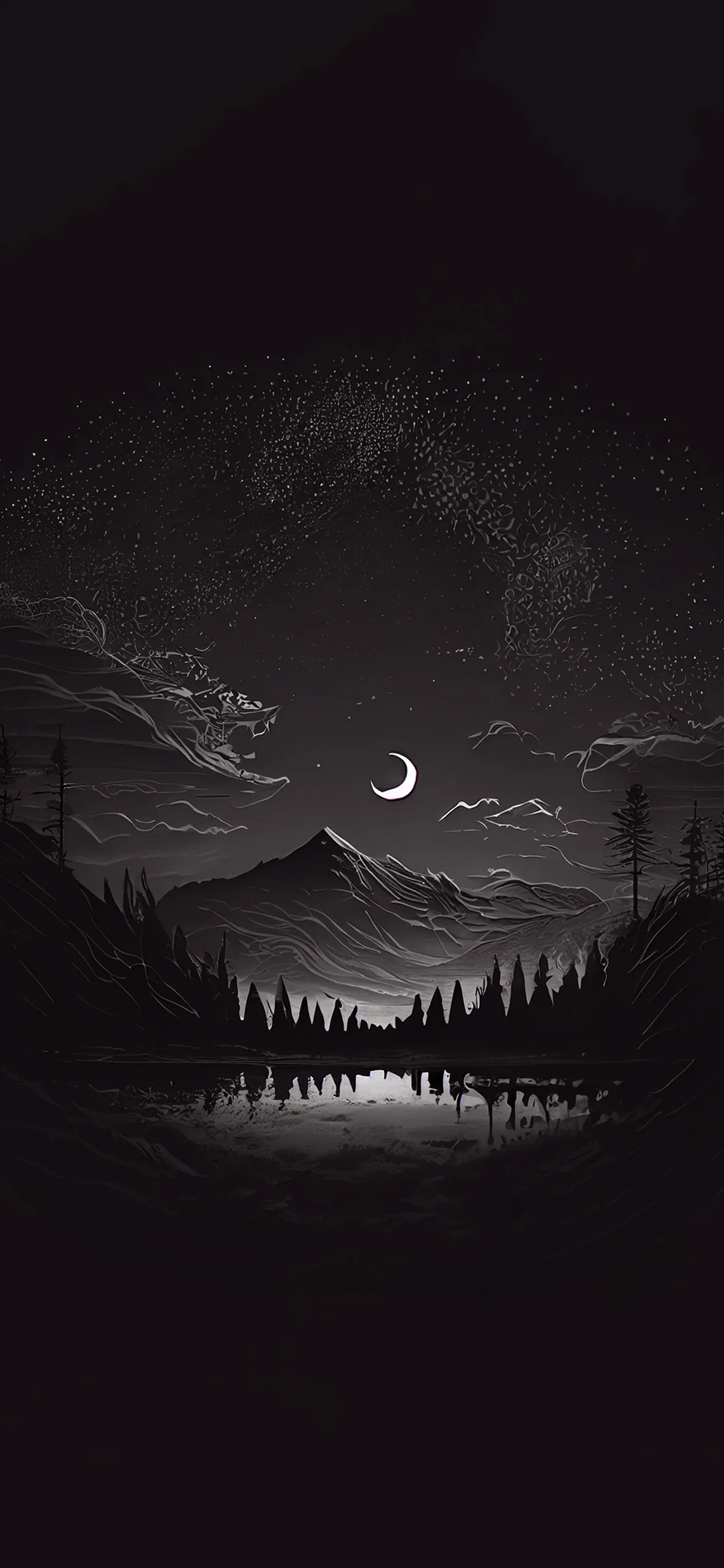A small crescent hangs above layered hills, its light laid out in a narrow strip across the water and treeline below.