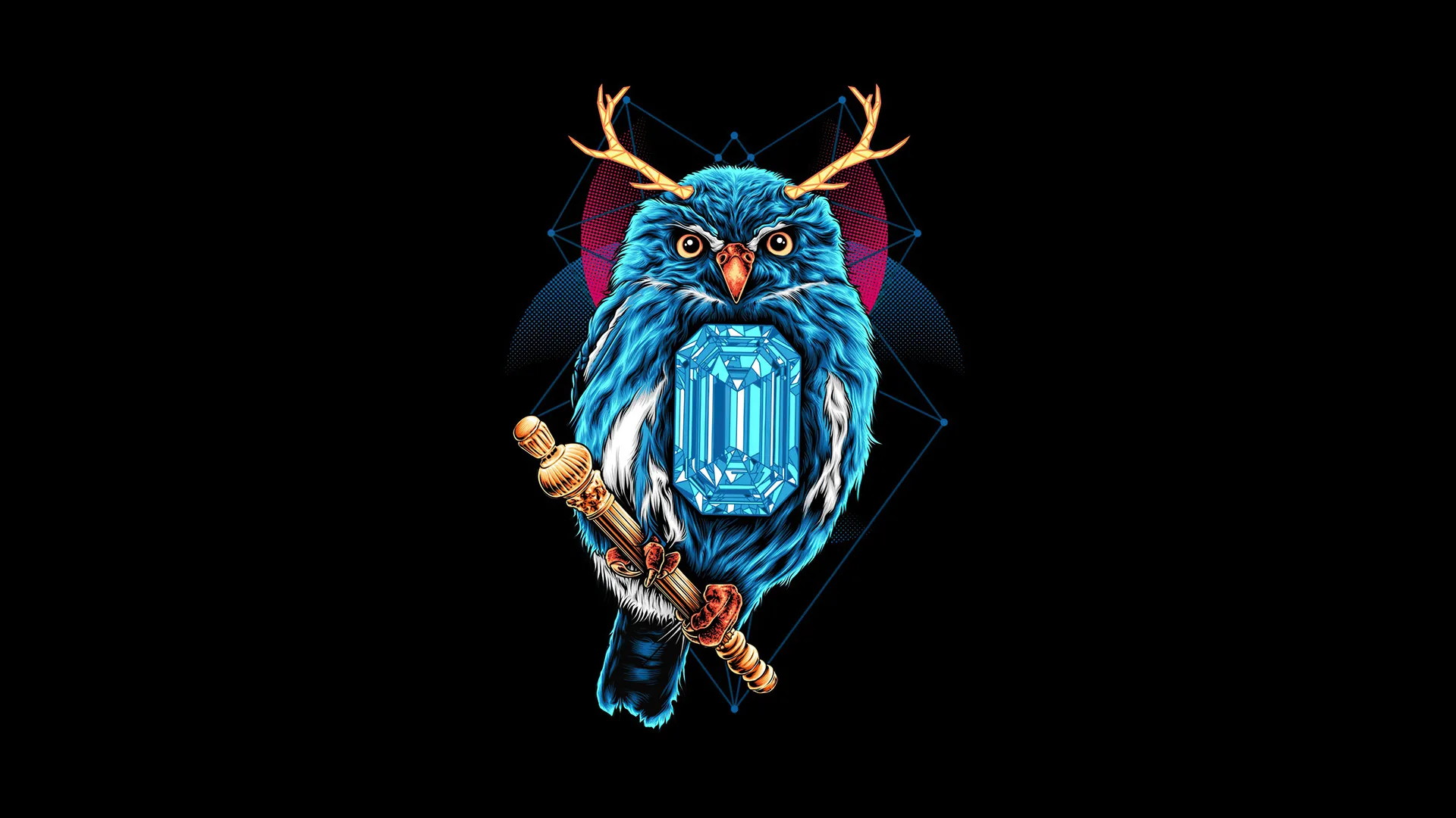 A stylised owl in electric blue perches on a dagger, antlers and geometric halo behind it, everything floating on flat black.