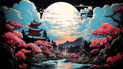 An oversized moon rises between cotton-thick clouds above a red pagoda and pink blossom slopes, the river drawing the eye up the centre of the frame.