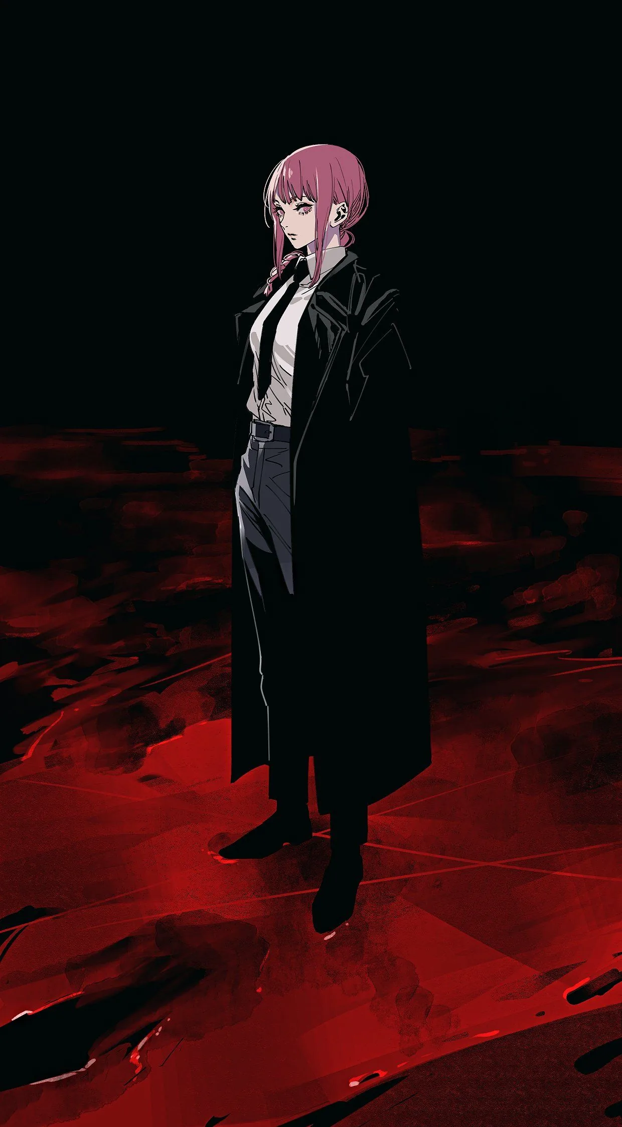 A pink-haired figure in a floor-length black coat stands still on a red, cracked plain, the top third left empty and dark.