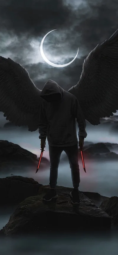 Black feathered wings spread wide as the figure grips two glowing red knives, a thin crescent moon hanging in the fog above the rocks.