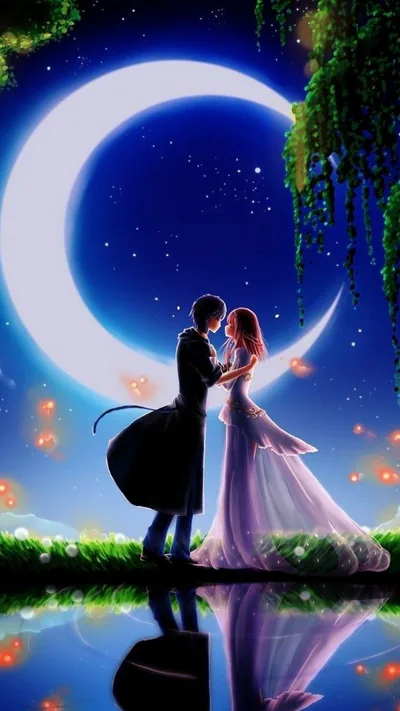 A painted couple embraces on a grassy bank beneath a huge blue crescent, fireflies and their mirrored reflection filling the water below.