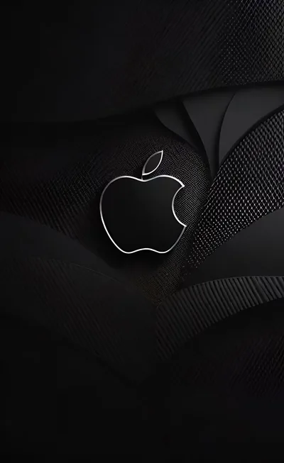 A thin silver outline of the Apple mark floats over folded black mesh fabric, the weave visible only where light grazes it.