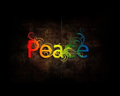 The word Peace spelled out in red, orange, green and blue letters wrapped in floral swirls, glowing against a cracked dark leather background.