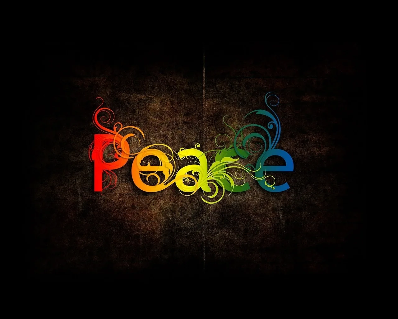 The word Peace spelled out in red, orange, green and blue letters wrapped in floral swirls, glowing against a cracked dark leather background.