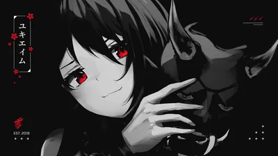 She cradles a tiny horned creature near her cheek, katakana in a red box at the left edge and thin interface marks along the corners.