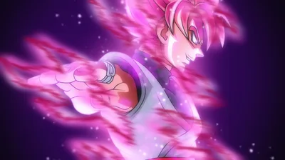 Seen in profile, Goku Black stretches one arm toward the camera sheathed in rose flame, deep violet haze holding the lower-left corner nearly empty.