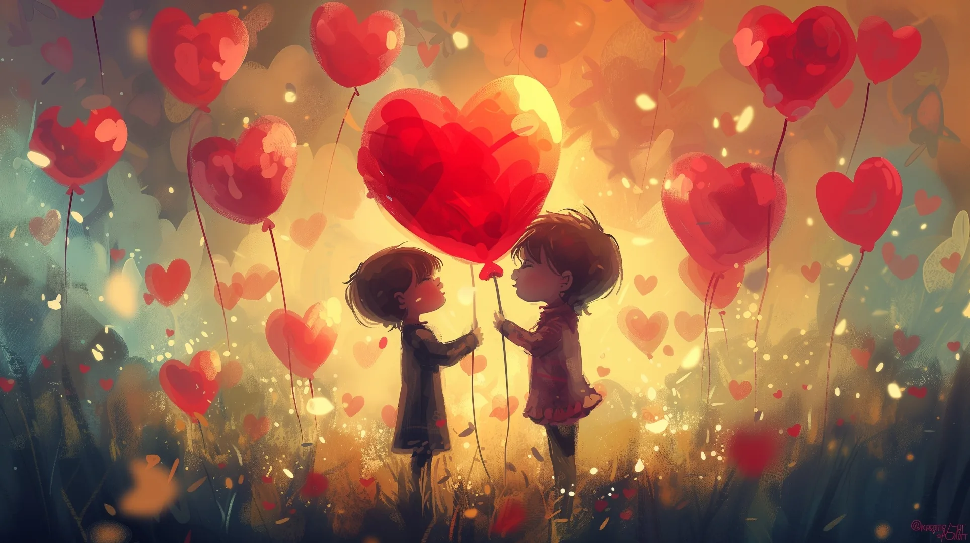 Two small figures in a painterly meadow reach for a large red heart balloon, dozens more floating above them in warm ochre light.