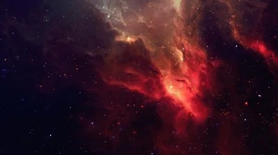 Red nebula clouds climb from the lower right toward a golden patch at the top, leaving the left edge close to full black.