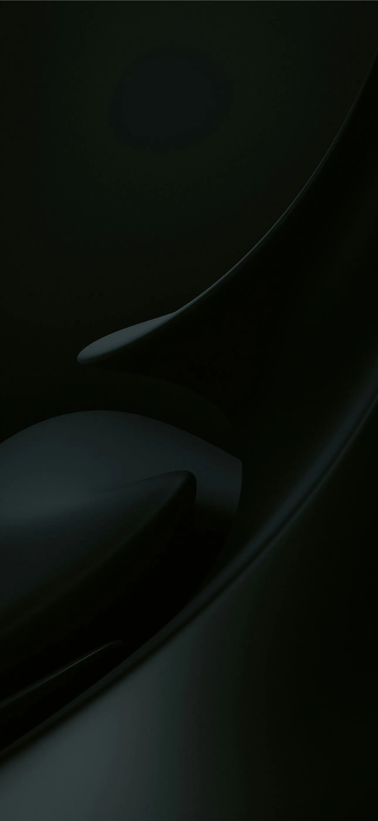 A polished black surface bends through the frame in wide arcs, the only light a dull sheen along one sweeping ridge.