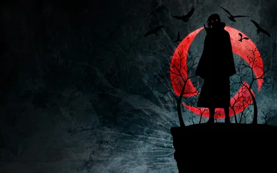 A long silhouette stands at the edge of a rock ledge under a red crescent moon, crows and bare trees spread across a slate-grey sky.