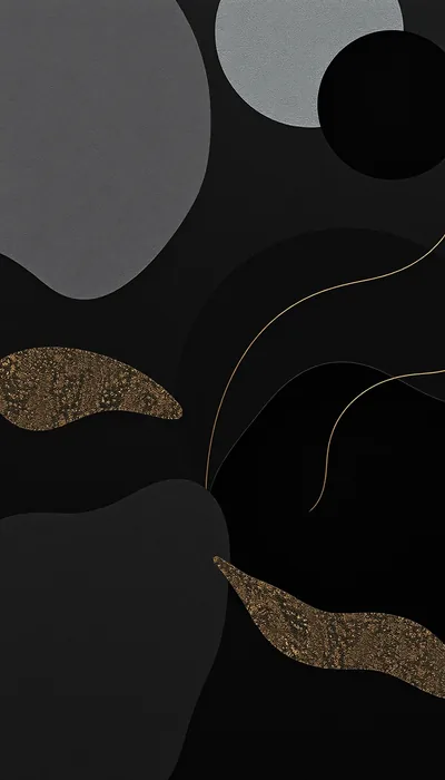 Soft grey and black blobs overlap behind two glitter-gold leaves, thin bronze stems curving between them across a charcoal background.