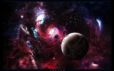 A ringed planet and a large grey world sit inside a swirling red and violet nebula, the whole scene set inside a black border.