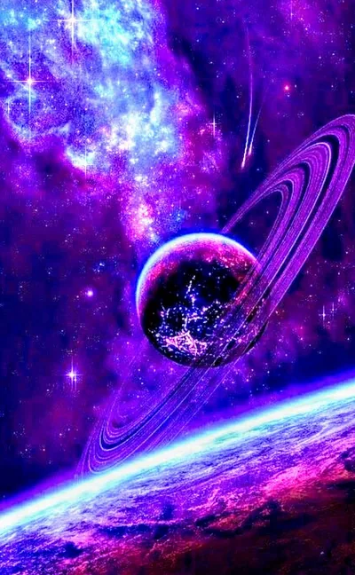 A ringed planet hangs in a pink and violet sky above the curved edge of a larger world, with a comet streak in the upper right.
