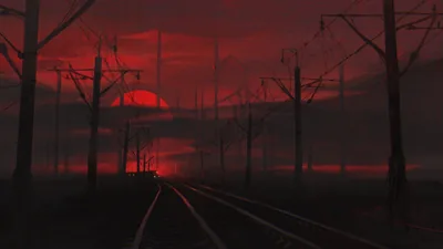 A railway track runs straight toward a red sun sitting low behind bare trees and power poles, the rest of the scene in silhouette.
