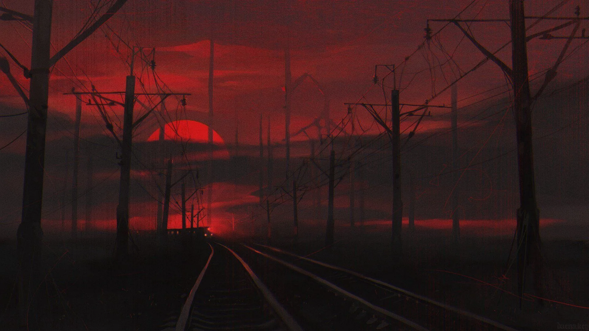 A railway track runs straight toward a red sun sitting low behind bare trees and power poles, the rest of the scene in silhouette.