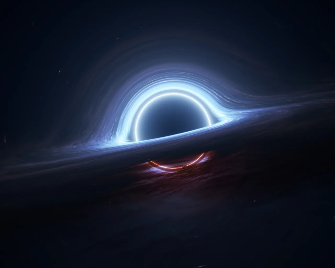 A white-blue arc of light bends over the event horizon, a thin red disk cutting across below, with deep navy space filling the corners.
