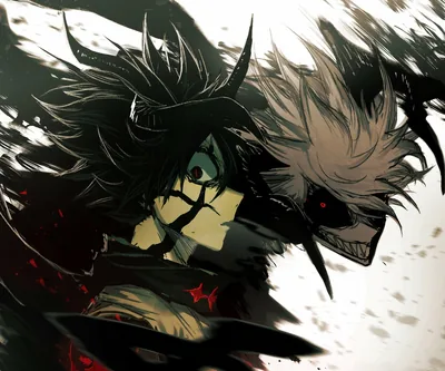 A green-eyed boy with curling black horns shares the frame with a white-furred demon mid-snarl, red marks glowing across his torn cloak.
