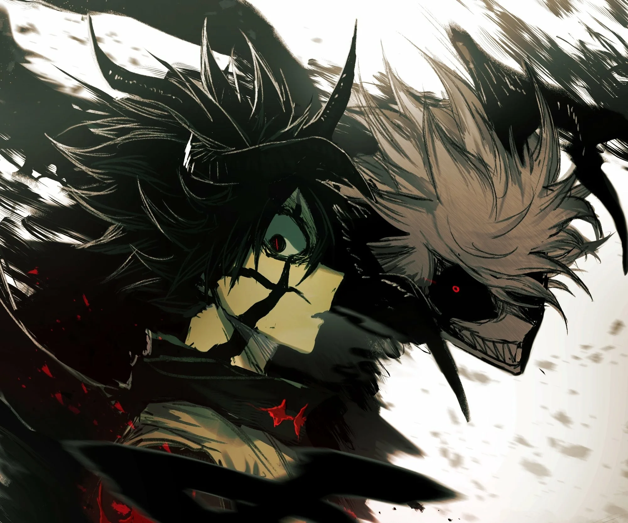 A green-eyed boy with curling black horns shares the frame with a white-furred demon mid-snarl, red marks glowing across his torn cloak.
