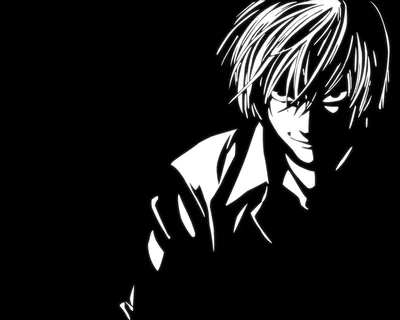Light Yagami from Death Note sketched in stark white linework, smirking from the upper left while the entire right half stays true black for OLED panels.