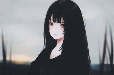 Straight hair to the elbow and a plain dark top, shot against a washed out field and pale horizon with the light almost gone.