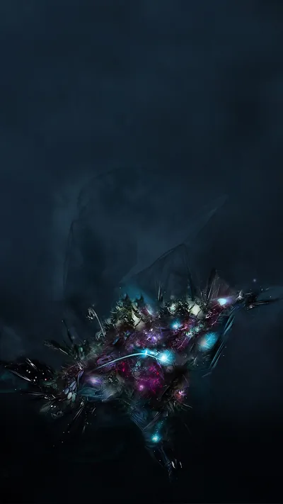 A cluster of jagged shards lit from inside in cyan and magenta sits low in the frame, thin smoke drifting up through the dark teal above it.