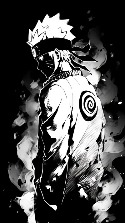 A back view of a spiky-haired ninja with the spiral crest on his jacket, drawn in loose black-and-white ink washes.