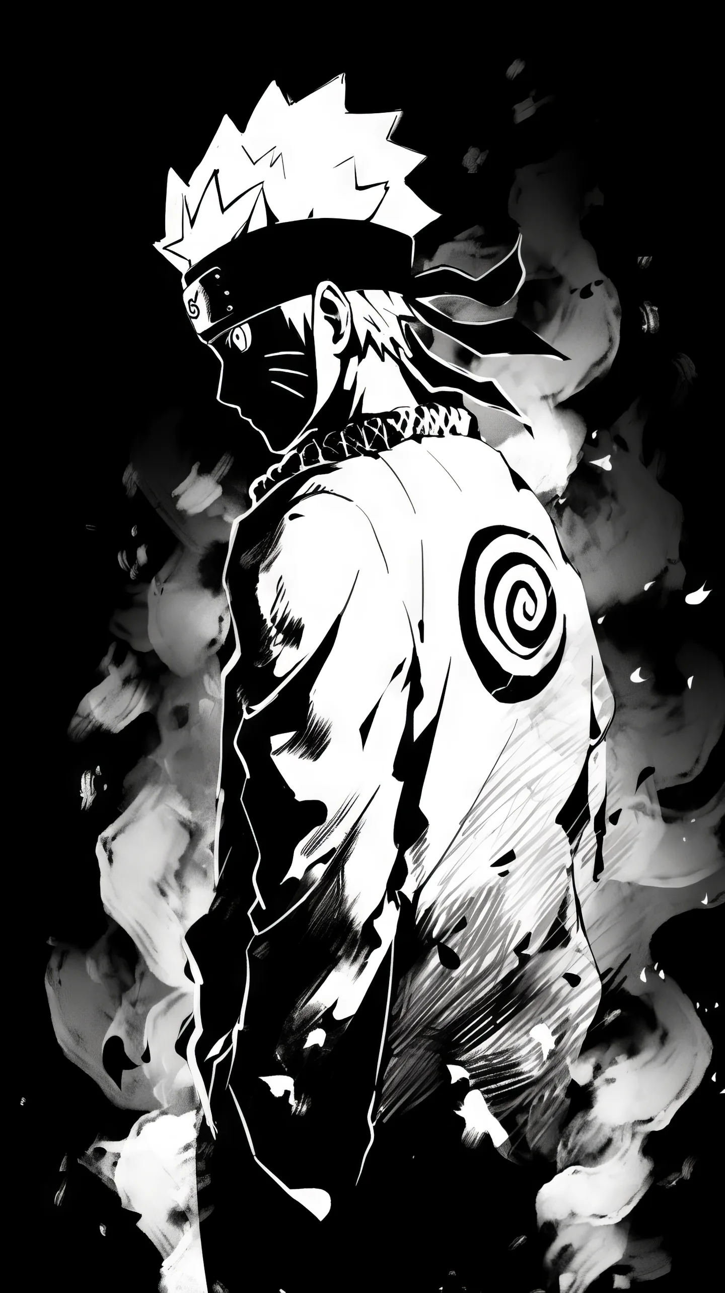 A back view of a spiky-haired ninja with the spiral crest on his jacket, drawn in loose black-and-white ink washes.