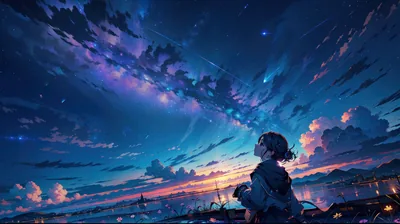 A girl gazes up from the bottom edge at star-dusted indigo clouds, the whole upper half of the frame open enough for a clock or widgets.