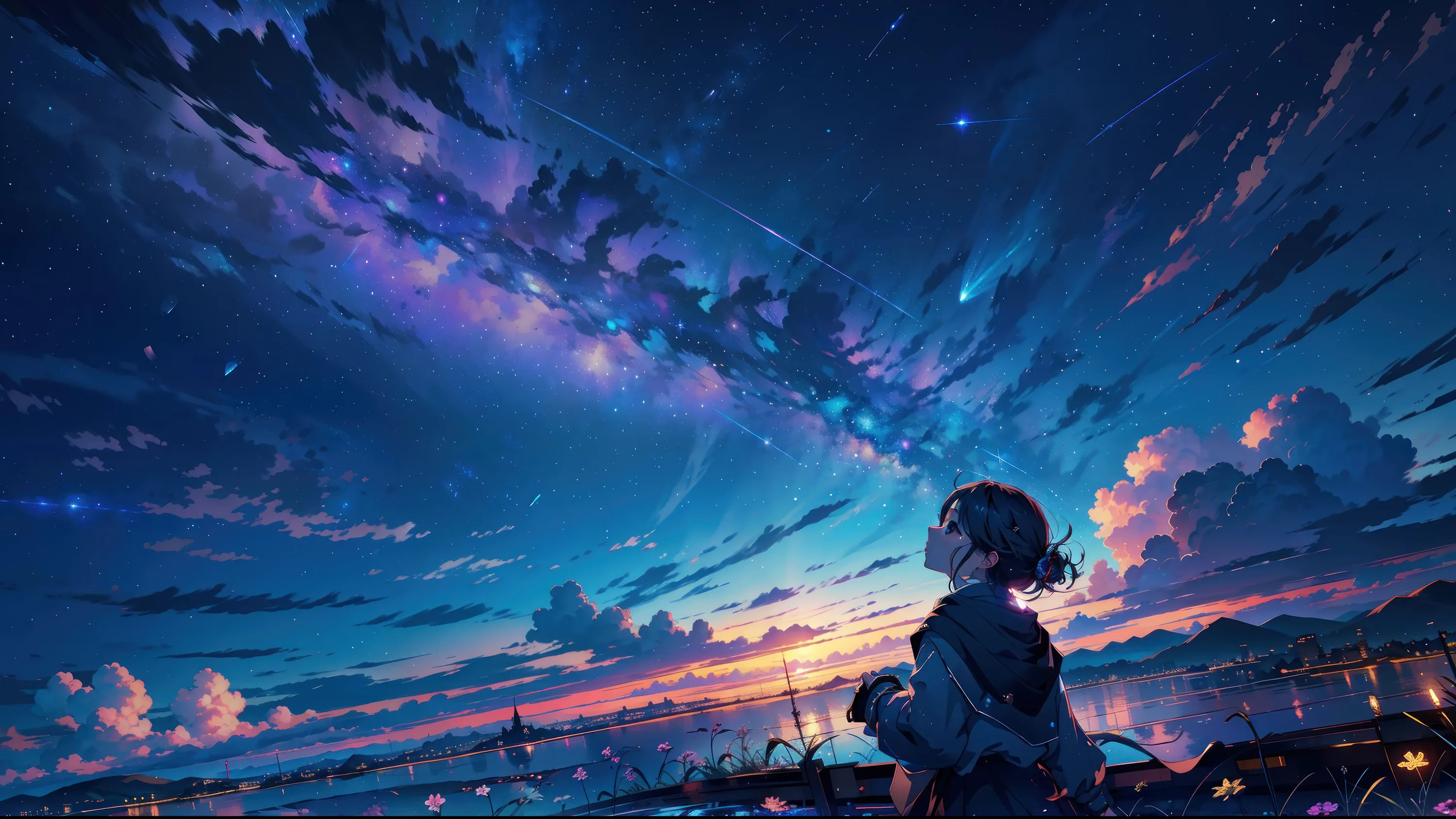 A girl gazes up from the bottom edge at star-dusted indigo clouds, the whole upper half of the frame open enough for a clock or widgets.