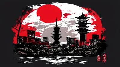 A stencil-style island city of pagoda towers sits on black beneath a giant red sun, wide black bands above and below left free for widgets.