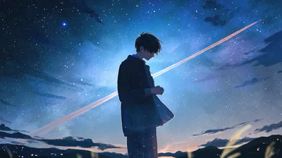 A boy stands in tall grass looking down at his hands while a bright streak crosses the starry blue night sky above him.