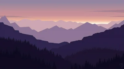 Ridge after ridge fades from deep violet to lilac under a peach and pink sky, a pine treeline anchoring the foreground.