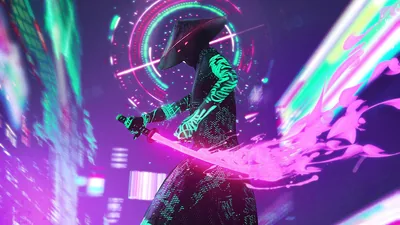 A helmeted samurai in glowing green circuit armour swings a magenta blade across a purple city, the wide crop leaving both ends in soft bokeh.