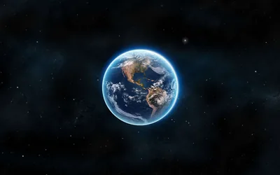 The planet floats just left of centre showing the Americas, its rim lit pale blue, with faint stars and wide dark margins for desktop icons.