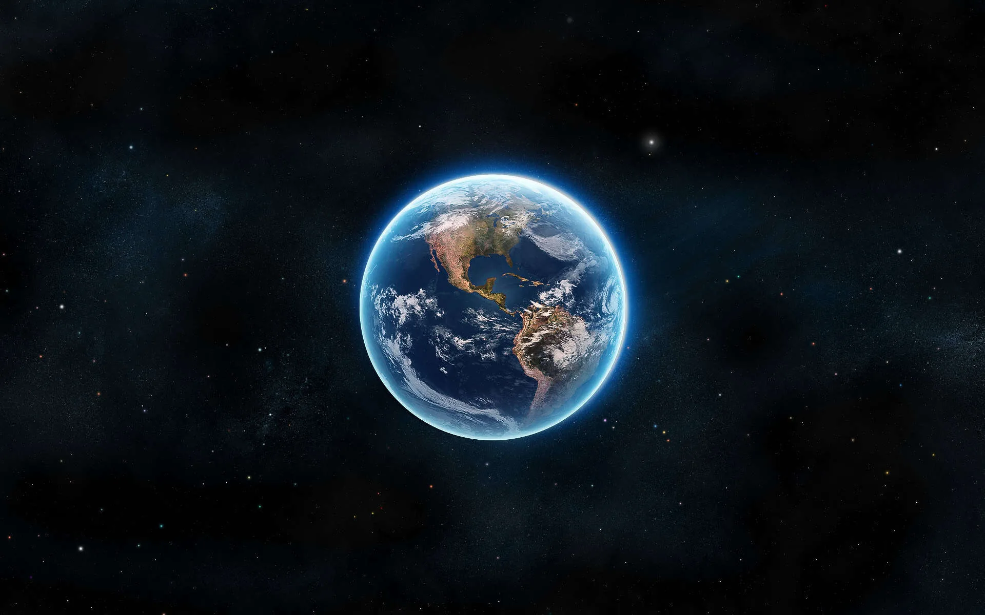 The planet floats just left of centre showing the Americas, its rim lit pale blue, with faint stars and wide dark margins for desktop icons.