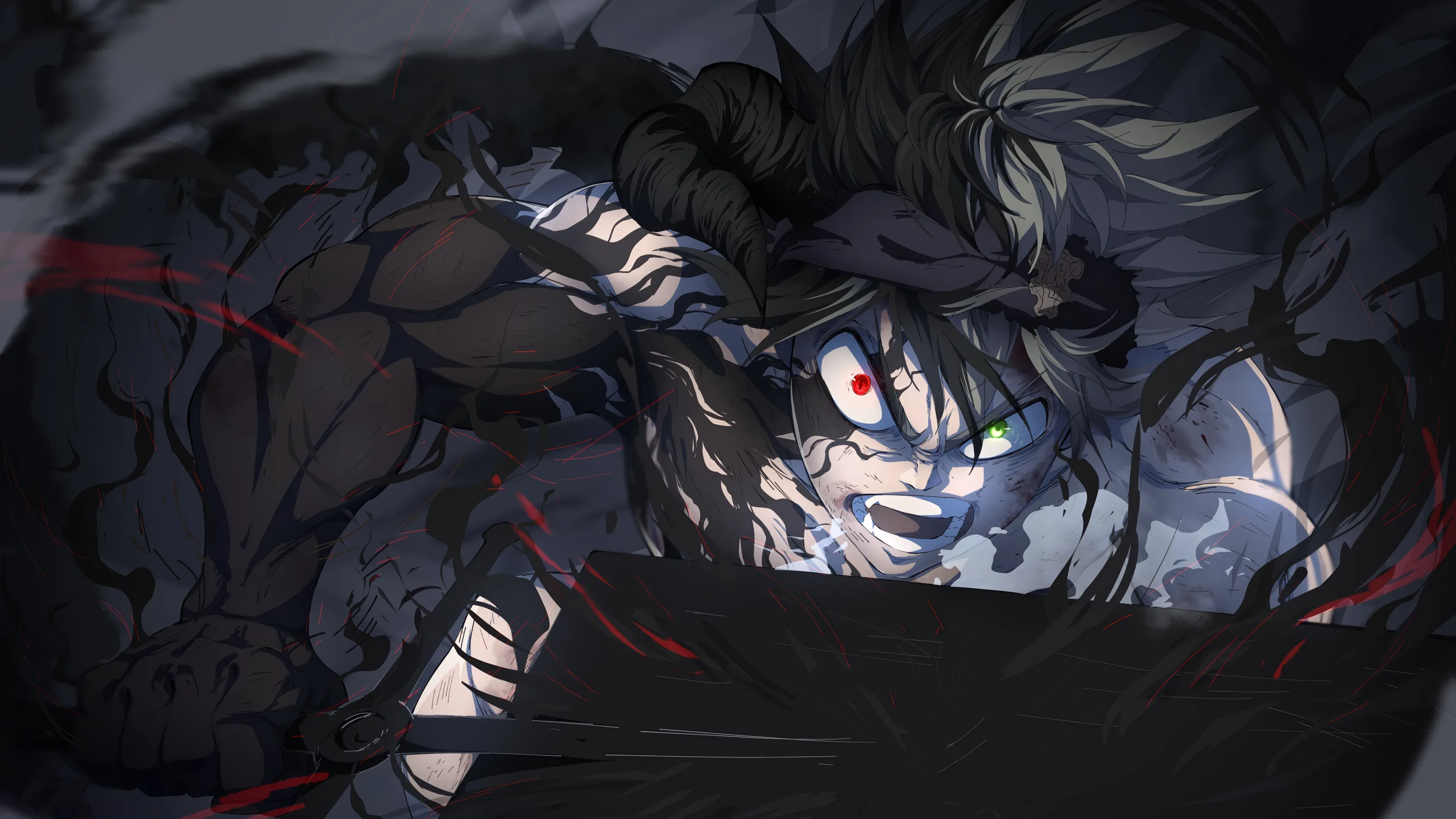 A grinning boy with a single horn hoists a heavy black sword, one red eye glowing through the dark grey and smoke around him.