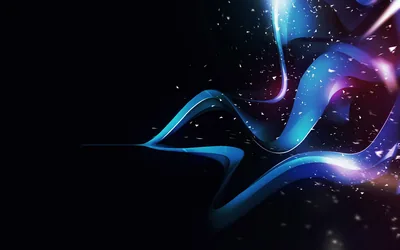A twisting ribbon of blue and violet light threads across the right side of a black frame, dust-like sparks scattered around it and the left third left clear.