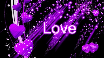Polka-dot purple hearts drift across black streaked with light trails, the word Love set large across the middle.