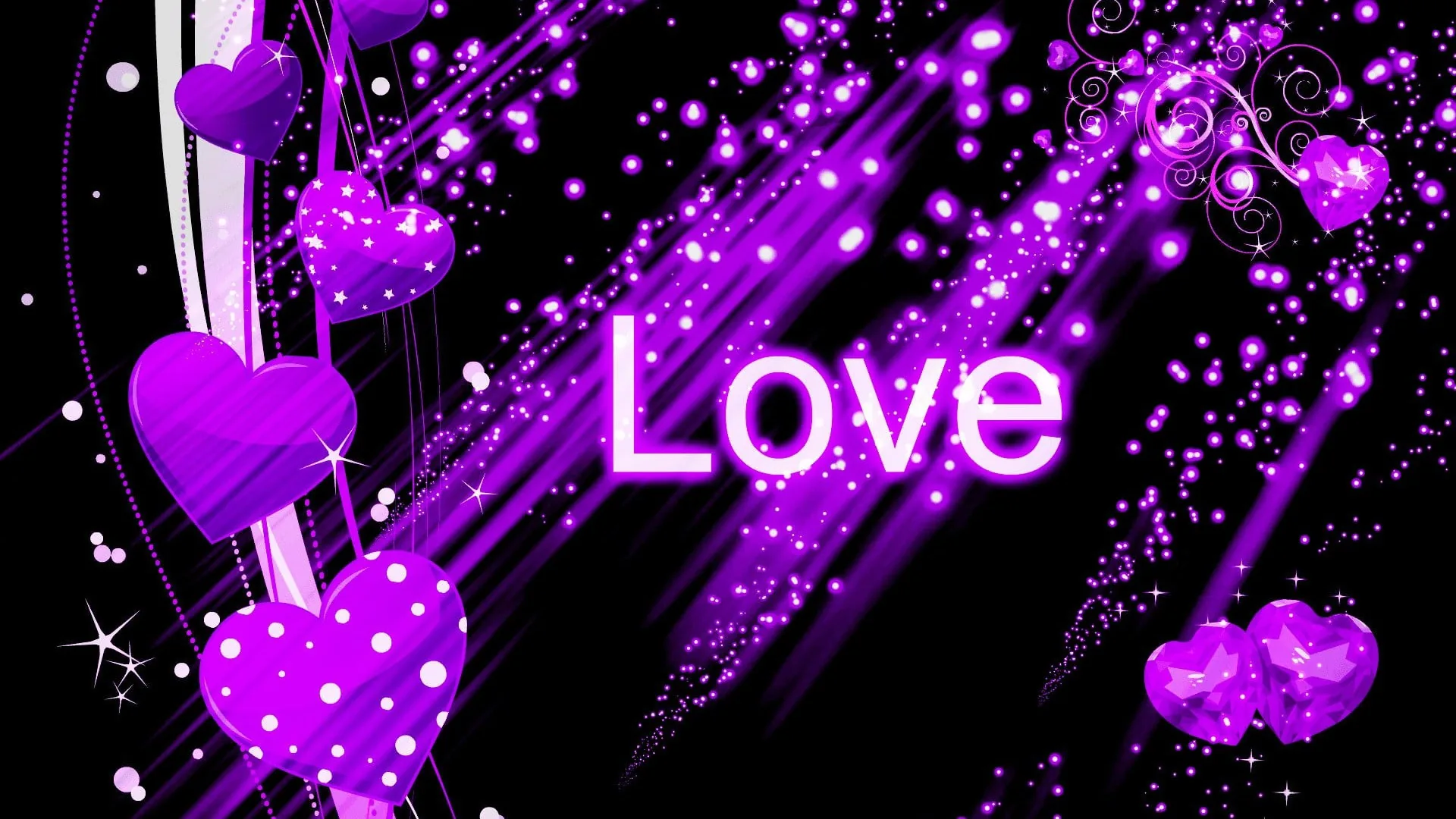 Polka-dot purple hearts drift across black streaked with light trails, the word Love set large across the middle.