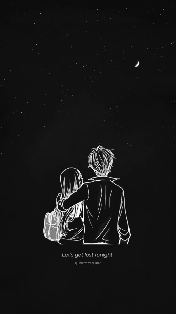 A chalk-style drawing of two people sitting close beneath a crescent moon and scattered stars, with the line let us get lost tonight below them.