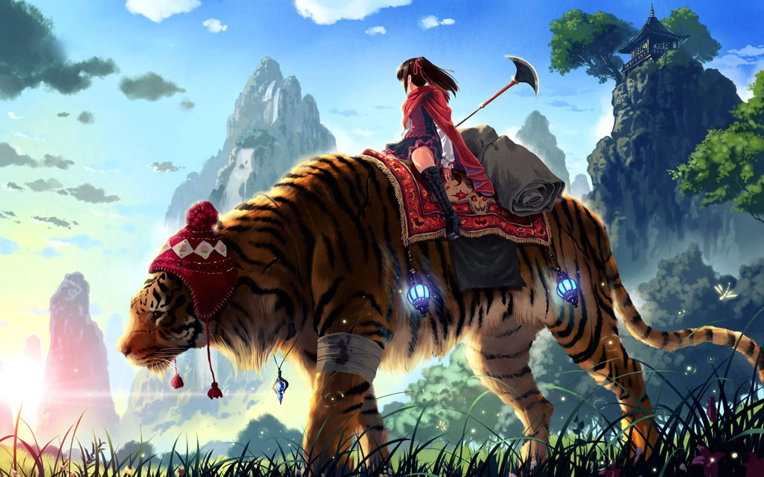 A traveller in a red knit cap rides a tiger in matching gear through a green valley, jagged peaks fading into cloud behind them.
