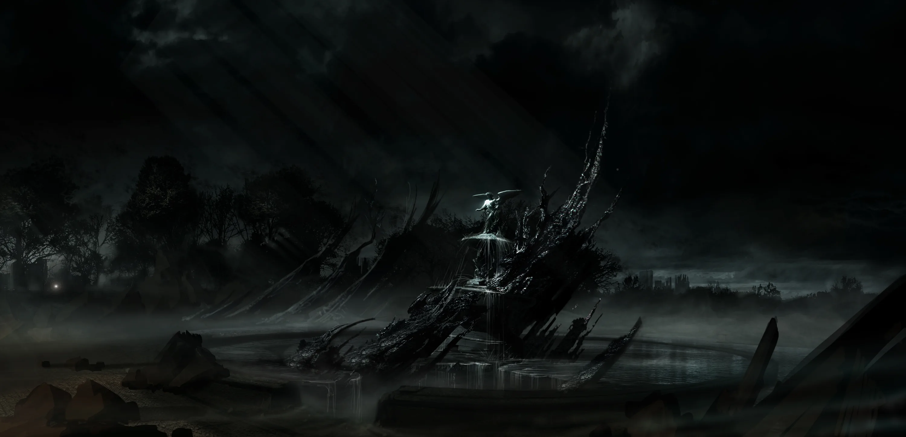 Pale rays from the upper left pick out the twisted wreck of a ship or ruin in this near-black concept scene, mist swallowing both lower corners.